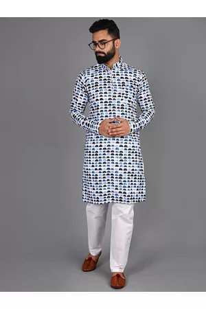FUBAR Abstract Printed Band Collar Pure Cotton Kurta With Pyjamas