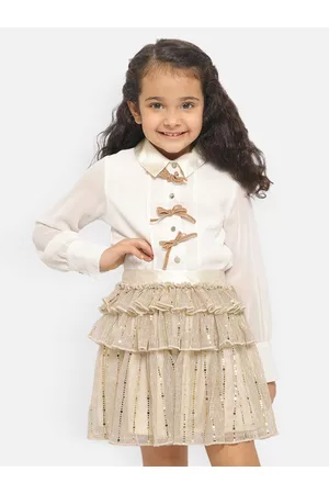 Nauti Nati Girls Embellished Long Sleeves Shirt Collar Shirt with Skirt