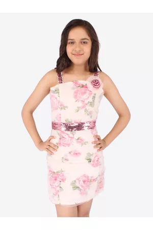 CUTECUMBER Girls Sequin Embellished Floral Print Ruched Bodycon Dress