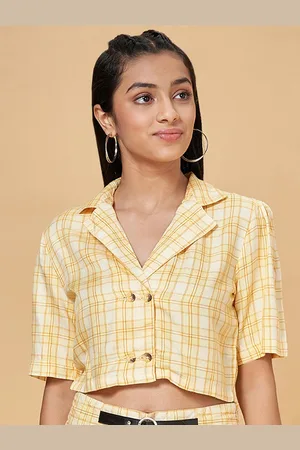 Pantaloons Checked Cuban Collar Crop Cotton Top