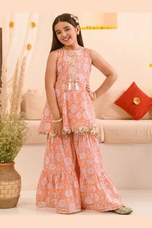 pspeaches Girls Floral Printed Gotta Patti Pure Cotton Kurta With Sharara