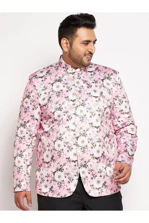 Vastramay Men Plus Size Pink Printed Slim Fit Bandhgala Blazer