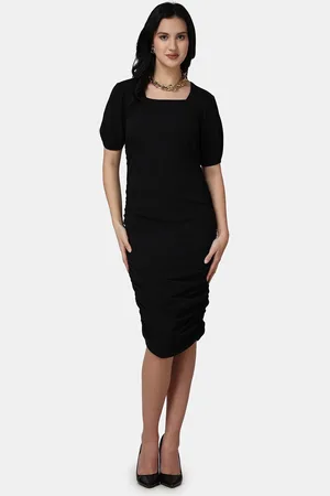 Popwings Square Neck Puff Sleeves Ruched Bodycon Dress