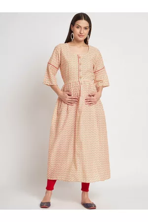 Aujjessa Chevron Printed Flared Sleeves Anarkali Maternity Feeding Pure Cotton Kurta