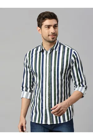 HERE&NOW White & Black Classic Slim Fit Vertical Striped Roll-Up Sleeves Pure Cotton Shirt