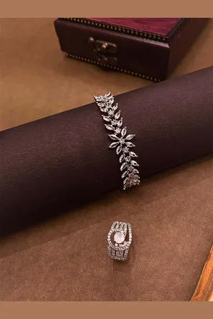 ATIBELLE Brass American Diamond Silver-Plated Bracelet With Ring