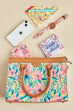 TEAL Floral Printed Oversized Structured Handheld Bag