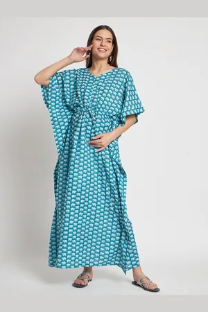 Aujjessa Conversational Printed V-Neck Pure Cotton Maternity Feeding Kaftan Maxi Dress