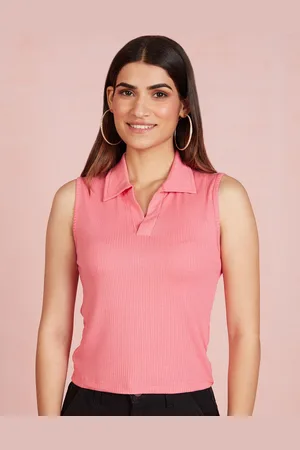 20Dresses Pink Shirt Collar Sleeveless Ribbed Top