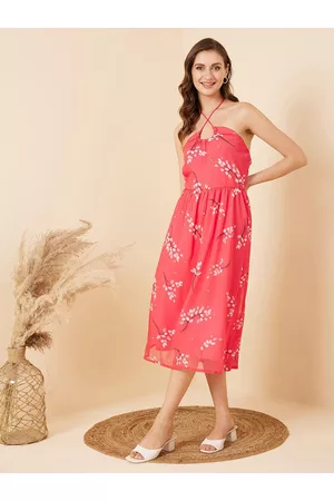 Rare Fashion Pink & White Floral Printed Halter Neck Fit & Flare Midi Dress