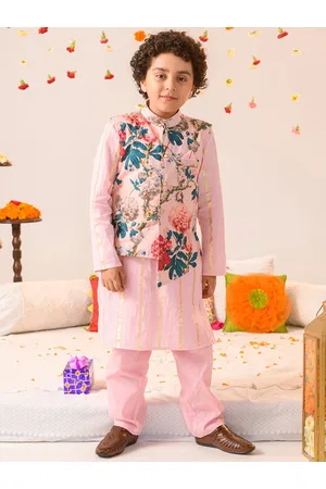 pspeaches Boys Floral Printed Pure Cotton Kurta with Pyjamas & Jacket