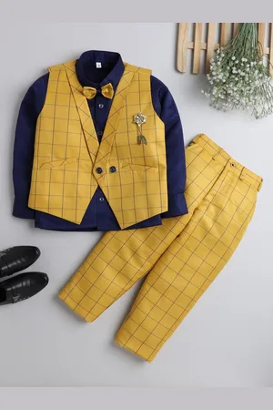 DKGF FASHION Boys Yellow & Navy Blue Checked Shirt & Trouser With Waistcoat