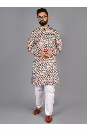 FUBAR Geometric Printed Mandarin Collar Regular Pure Cotton Kurta with Pyjamas