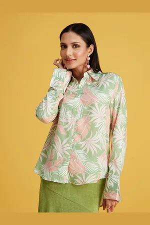20Dresses Green & peach Floral Printed Satin Casual Shirt