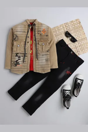 DKGF FASHION Boys Mustard & Red Printed 3-Piece Clothing Set