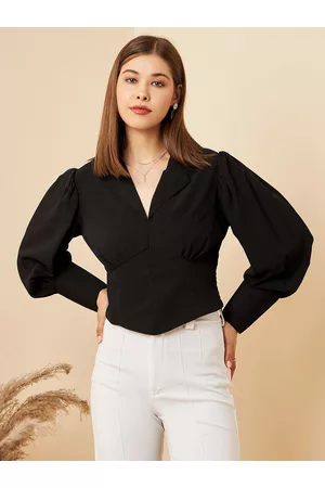 Rare Fashion Black Gathered Shirt Collar Cuffed Sleeves Regular Top