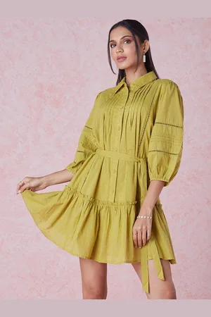 20Dresses Lime Green Dobby Weave Shirt Collar Pure Cotton A-Line Mini Dress