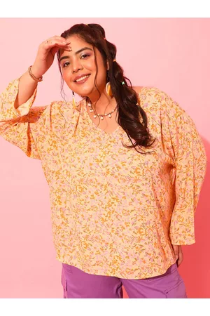 CURVY STREET Yellow Plus Size Floral Printed V-Neck Crepe Top