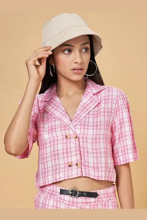Pantaloons Checked Cotton Shirt Style Crop Top