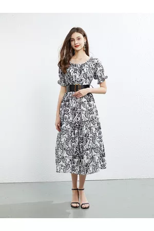 JC Collection Floral Printed Off-Shoulder Tiered Fit & Flare Midi Dress With Belt