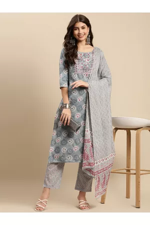 Sangria Grey & White Ethnic Motifs Printed Pure Cotton Kurta With Trouser & Dupatta