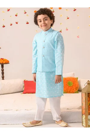 pspeaches Boys Striped Pure Cotton Kurta with Pyjamas & Nahru Jacket