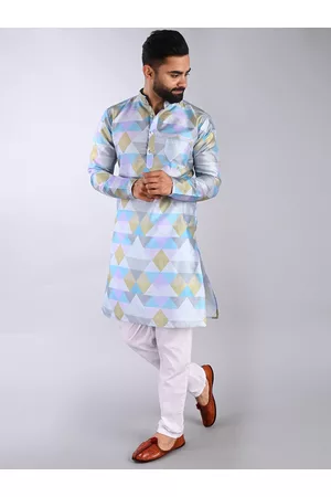 FUBAR Geometric Printed Mandarin Collar Pure Cotton Kurta With Pyjamas