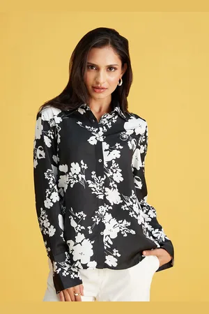 20Dresses Black & White Floral Printed Satin Casual Shirt