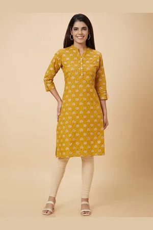 Globus Mustard Yellow Ethnic Motifs Printed Pure Cotton Kurta