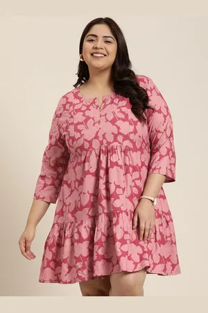 Sztori Plus Size Pink & White Floral Print Tiered Ethnic A-Line