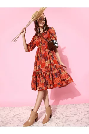 Miss Chase Orange & White Ethnic Motifs Dress