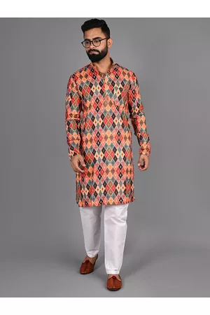 FUBAR Geometric Printed Mandarin Collar Regular Pure Cotton Kurta with Pyjamas