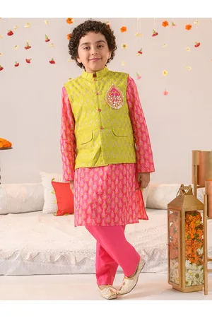 pspeaches Boys Ethnic Motifs Printed Pure Cotton Kurta With Pyjamas And Nehru Jacket
