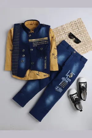 DKGF FASHION Boys Mustard & Navy Blue Shirt with Trousers & WaistCoat