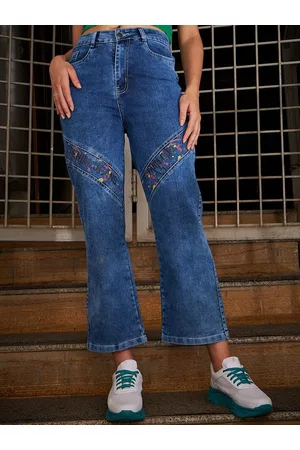KASSUALLY Women Blue Printed Straight Fit Light Fade Clean Look Stretchable Jeans