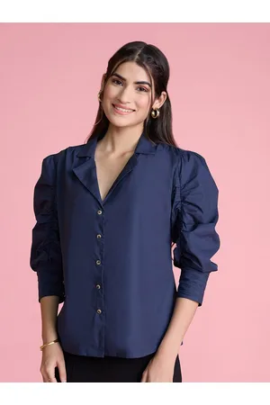 20Dresses Navy Blue Ruched Puff Sleeve Pure Cotton Formal Shirt