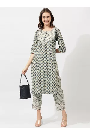 Mirchi Fashion Beige Ethnic Motifs Printed Gotta Patti Pure Cotton Kurta with Trousers