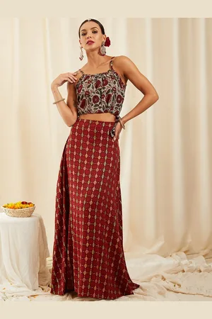 InWeave Women Floral Printed Shoulder Strapped Crop Top With Ethnic Printed Skirt