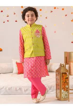 pspeaches Boys Ethnic Motifs Printed Pure Cotton Kurta with Pyjamas & Nahru Jacket