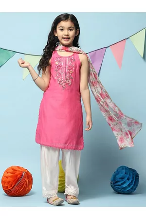 Biba Girls Embroidered Thread Work Kurta with Salwar & Dupatta