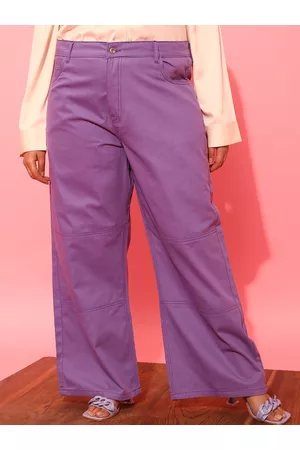 CURVY STREET Women Plus Size Lavender Printed Relaxed Straight Leg Pure Cotton Trousers