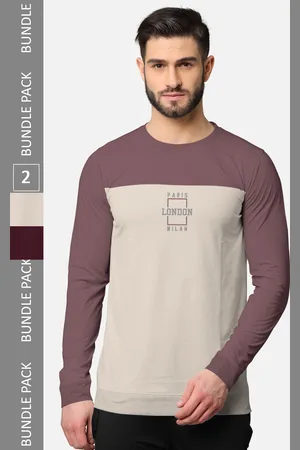 bullmer Men Pack Of 2 Taupe & Burgundy Typography Printed Cotton T-shirt