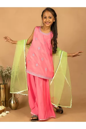 HERE&NOW Girls Ethnic Motifs Embroidered Regular Kurti with Palazzos & With Dupatta