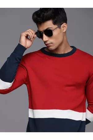 WROGN Men Red & Navy Blue Colourblocked Pullover