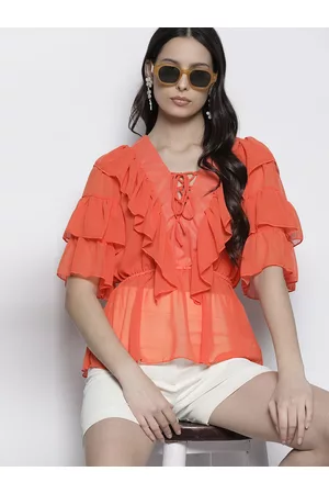 Boohoo Lace-Up Detail Ruffled Flutter Sleeves Top