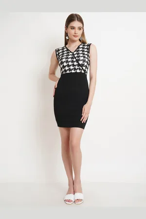 Popwings Checked Printed Monochrome Mini Bodycon Dress