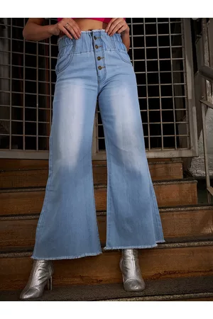 KASSUALLY Women Blue Mid-Rise Light Fade Mildly Distressed Flared Denim Fit Jeans
