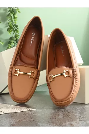Mast & Harbour Women Tan Brown Textured Massage Footbed Memory Foam Horsebit Loafers