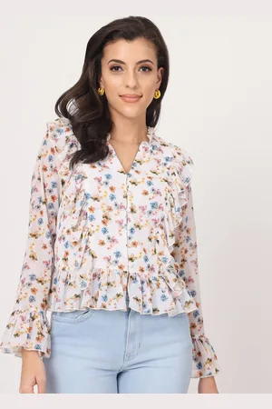 BEATNIK Floral Printed V-Neck Bell Sleeve Georgette Top