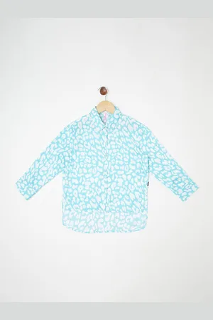 Crimsoune Club Girls Turquoise Blue & White Animal Printed Casual Shirt